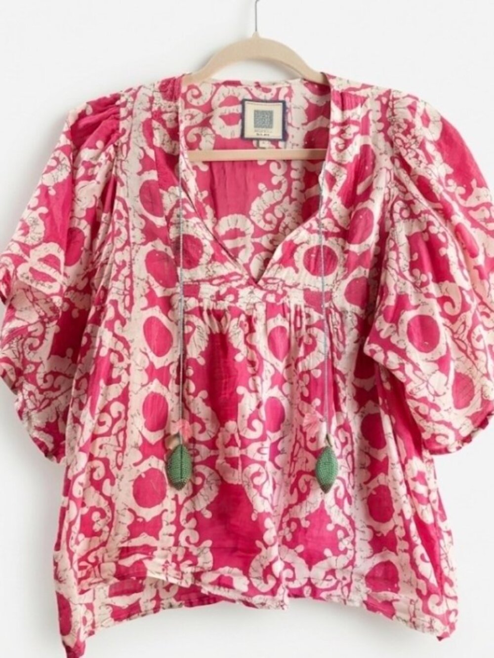 Bell Puff Sleeve Tunnic (Pink/White abstract pattern)